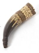 An early 19th Century scrimshaw decorated powder horn, inscribed "Falco Lombard", decorated all over