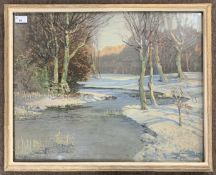 John Scott Harrison (act.1901-1935), inscribed on verso "Winter Evening", oil on board, signed and