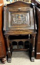 Late Victorian carved oak bureau with drop down front and fitted interior, 47cm wide (Item 1 on