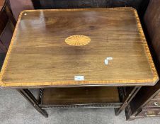 An Edwardian inlaid mahogany two tier table with gallery to the base, 68cm wide (Item 11 on vendor