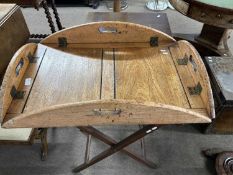 A Victorian mahogany butlers tray with associated stand, tray approx 75cm wide
