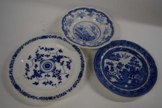 A group of Staffordshire wares including a Chinese marine scene, a Minton blue and white plate and