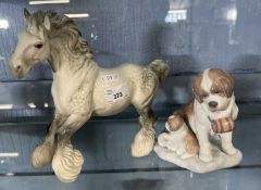 A Lladro model of a St Bernard and pup and a further Beswick model of a shire horse
