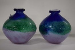 Two heavy Studio Glass vases with a mottled green, blue and pink design