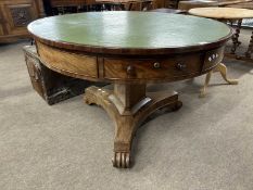 A Victorian mahogany drum type table with circular top with four drawers and standing on a pillar