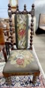 A Victorian hall chair with bobbin turned frame decorated with wool and bead work floral covering (