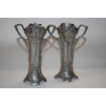 A pair of WMF Art Nouveau style pewter vases with factory stamps to base, 14cm high