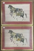 Indian school, 20th century, war horse watercolours on silk, 36x51cm, framed and glazed (2)