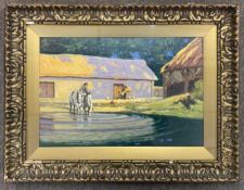 John Scott Harrison (act. 1901-1935), Horses Watering at a Farmyard Pool, oil on board, signed (