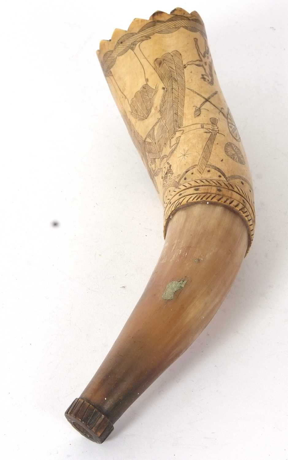 An early 19th Century scrimshaw decorated powder horn, the cow horn decorated with European - Image 5 of 5