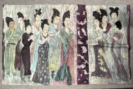 A Japanese wool work wall hanging decorated with figures, 135cm wide (Item 133 on vendor list)