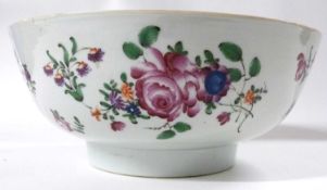 An 18th Century Chinese export porcelain bowl decorated with polychrome design of flowers (repair to