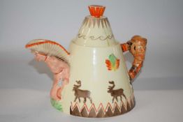 A rare Clarice Cliff novelty teepee teapot, the base marked with factory stamp and Greetings from