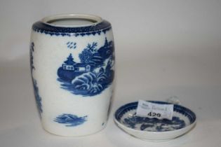Caughley fisherman pattern tea caddy lacking cover, a Worcester porcelain jug with turquoise