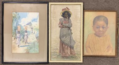 A trio of Malagassy (Madagascar) related portrait / scenes including a Malagassy boy, pastel on laid