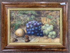 William Henry Hunt RWS (1790-1864), Still life with grapes, pear and conkers, watercolour, signed