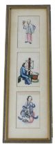 Group of three small Chinese paintings on silk, various figures, set in one frame