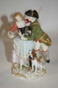 20th Century Meissen model of a soldier and lady on shaped base with a dog by his side (sword broken