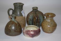 A group of Studio Pottery wares including miniature jug, bowl and three small vases, some with