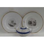 A 19th Century Wedgwood teapot and two Spode plates with back printed designs, 21cm diameter