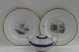 A 19th Century Wedgwood teapot and two Spode plates with back printed designs, 21cm diameter