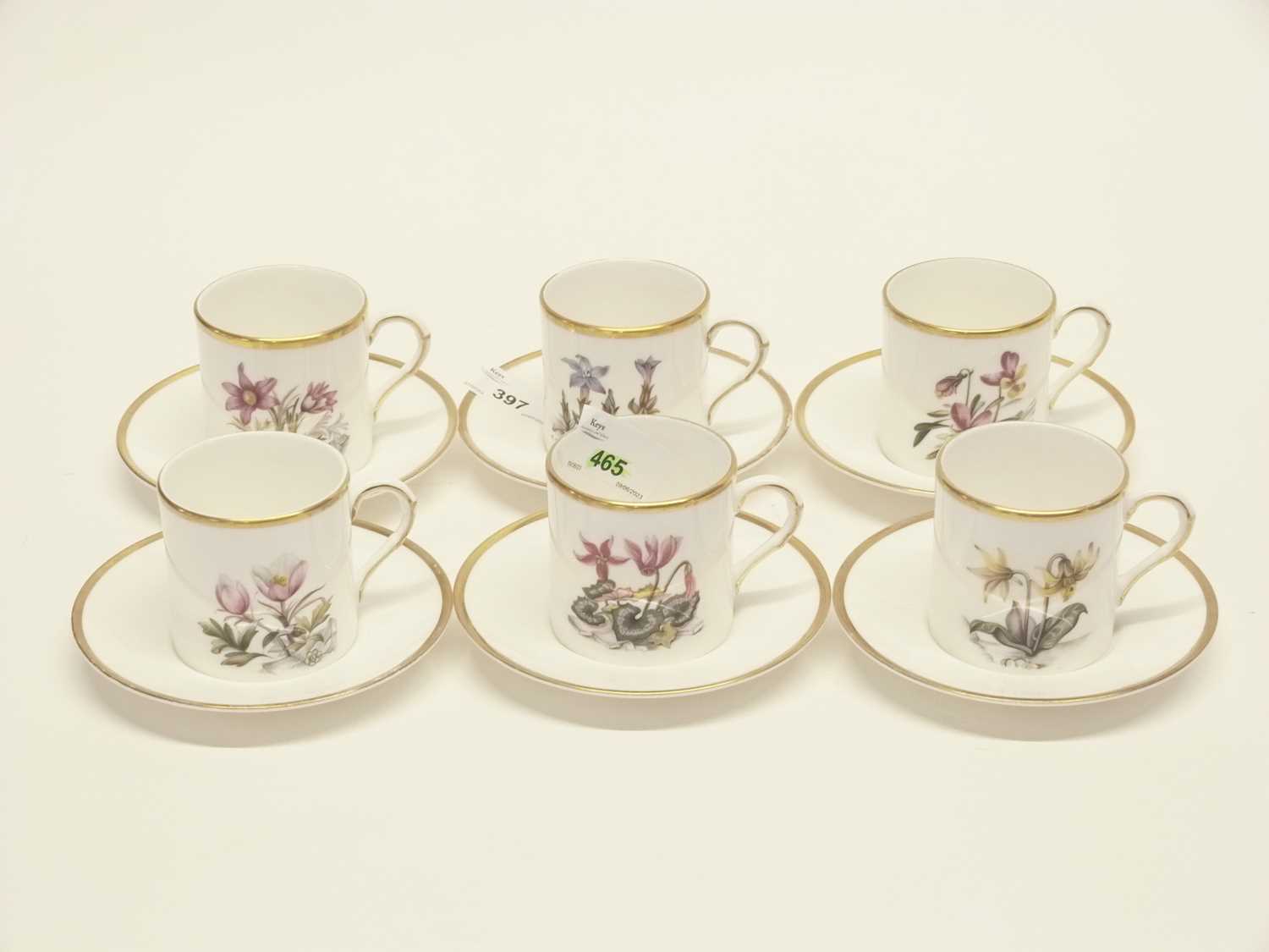 Royal Worcester coffee set comprising six coffee cans and saucers all with printed and painted