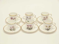 Royal Worcester coffee set comprising six coffee cans and saucers all with printed and painted