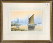 Adrian Winicup (British, contemporary), Wherry on the broads, watercolour, signed, 22x33cm, framed