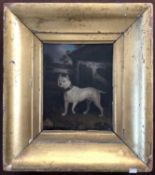 British School, circa 19th century, Bull Terrier in farmyard setting, oil on board, unsigned,