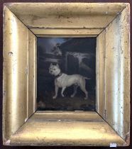 British School, circa 19th century, Bull Terrier in farmyard setting, oil on board, unsigned,