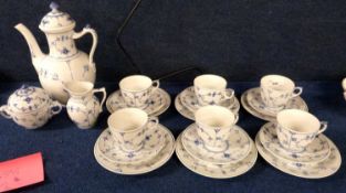 Royal Copenhagen blue and white lace patterned tea set comprising teapot, sugar basin and milk jug