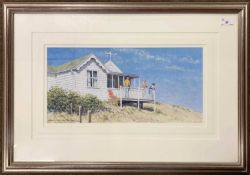 Matthew Garrard (British, contemporary), Summer beach chalet scene, oil pastel, signed, 22x45cm,