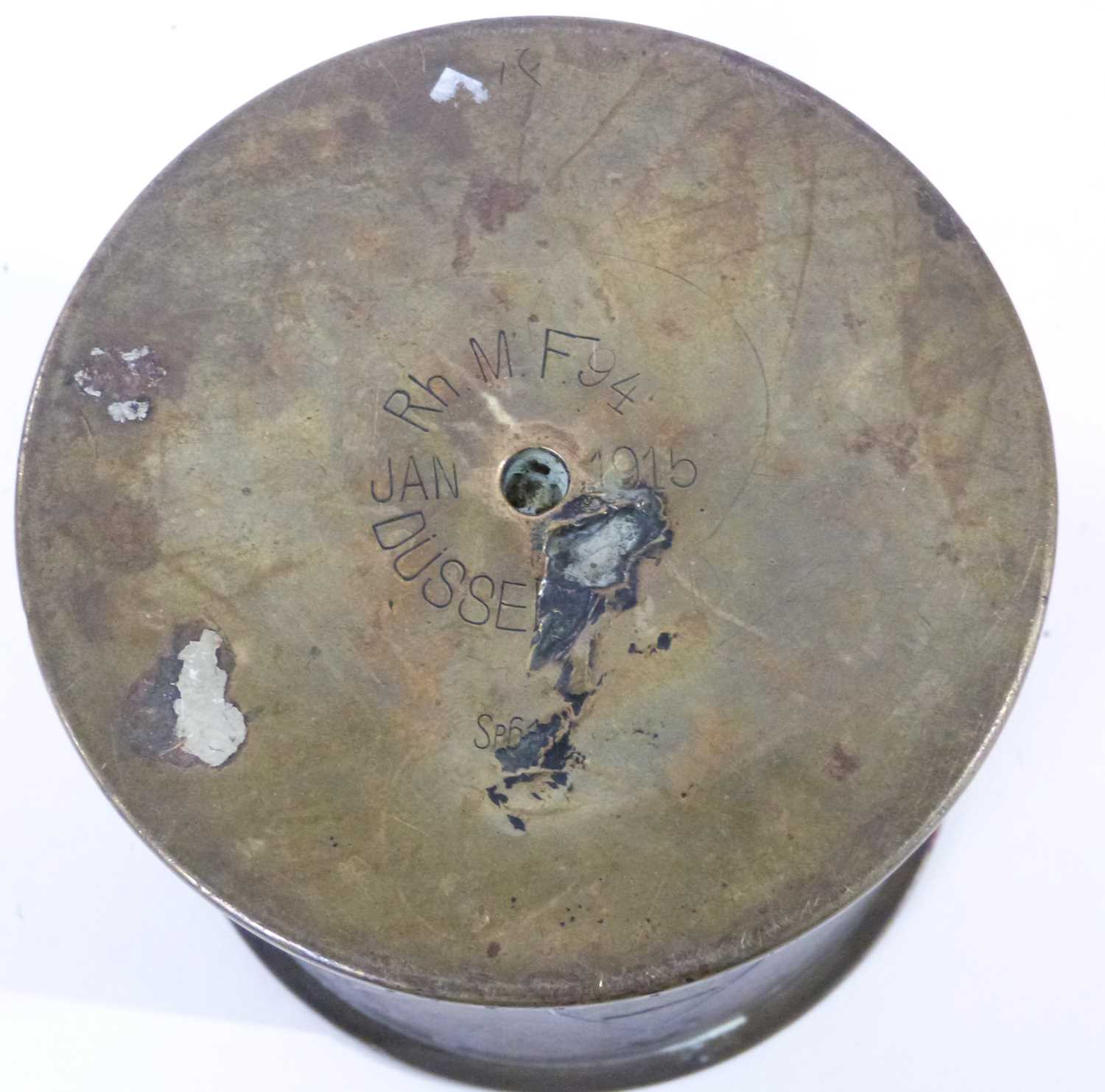 Trench Art - A German shell case and cover dated 1915 decorated with Islamic vases and script, - Image 6 of 6