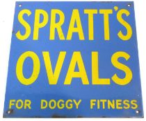An enamel sign for Spratts Oval for Doggy Fitness, the yellow writing on a blue ground, 30cm