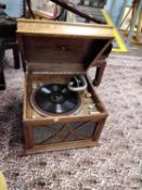 An HMV (His Masters Voice) oak cased gramophone, 43cm wide