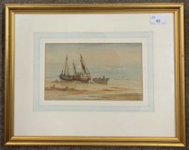 Thomas Mortimer (act.1880-1920), "Beached Vessels", watercolour, signed,13x23cm, framed and glazed