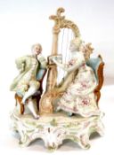 A continental porcelain group of musicians on a shaped base, 28cm high