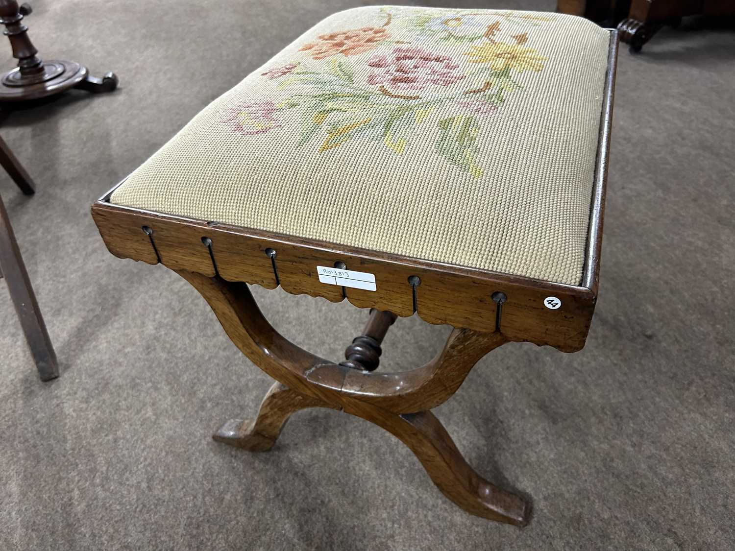 A Victorian rosewood footstool with rectangular top with tapestry covering and an "X" formed - Image 2 of 3