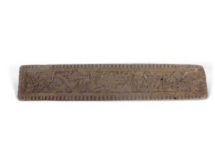 An antique Chinese wooden printing block decorated with figures, birds and foliage, 45 x 9cm