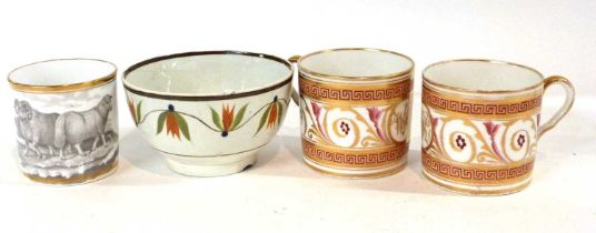 Small early 19th Century bowl together with three English porcelain coffee cans, two with painted