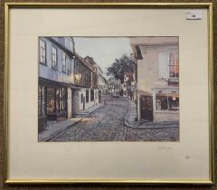 Margaret Glass (British,b.1950), Elm Hill, Norwich, limited edition chromolithograph, signed in