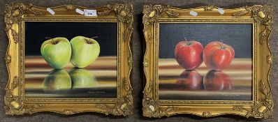 Pamela Dickerson (British, 20th century),Pair of still lifes: Green Apples and Red Apples, oil on
