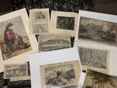 Folder of 19th century watercolour, ink and pencil studies, varying sizes, nineteen in total, mainly