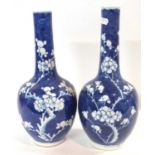 A large pair of 19th Century Chinese porcelain bottle vases, the blue ground with prunus decoration,