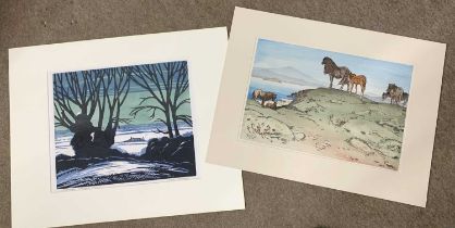 Noel Dennes (British, 20th century), 'Marshes under snow', woodcut in colours, signed, mounted,