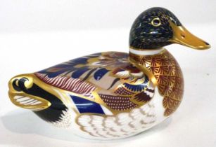 A Royal Crown Derby paperweight model of a duck with silver stopper