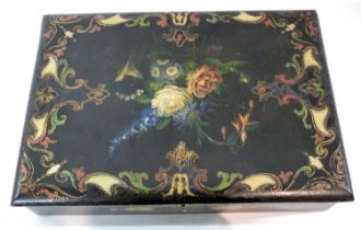 Victorian lacquer writing box with painted floral decoration, 31cm long