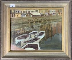 J.Simmons (20th century), View over moored boats and distant shops / buildings, oil on board,