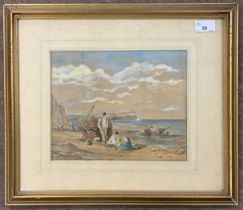 Attributed to Thomas Lound (British,1801-1861), Fisherfolk on the shoreline, watercolour