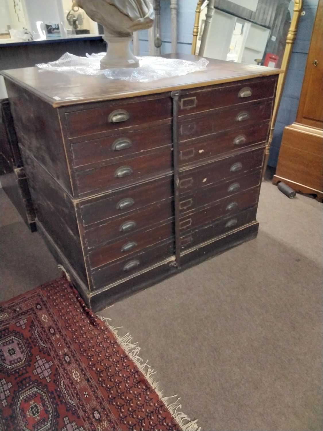 Late 19th or early 20th Century mahogany plan chest formed of two sections with seven drawers, 121cm